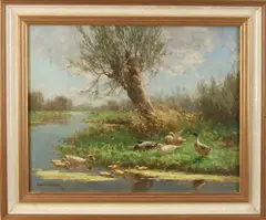 Constant Artz, Eendenfamilie aan de waterkant, Olieverf op linnen