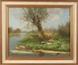 Constant Artz, Eendenfamilie aan de waterkant, Olieverf op linnen