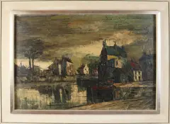 Toon Koster, Stadsgezicht met haven, Olieverf op linnen