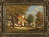 H.W. Veenendaal, Boerderij met kippen, Olieverf op linnen