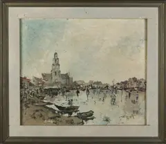 H. Hiersch, Havengezicht Maassluis, Olieverf op linnen
