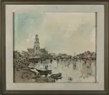H. Hiersch, Havengezicht Maassluis, Olieverf op linnen