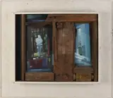A.D. Pieters, Modern kunstwerk, Modern kunstwerk van meubelhout en acryl in lijst