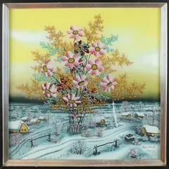 Ana Bocak, Wintergezicht met Heilig kruis, Olieverf achter-glas