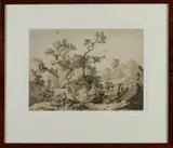 Onduid. gesig., Landschap, boerderij met figuren, Aquarel op papier