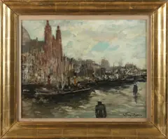 Gustave Flasschoen, Amsterdams havengezicht, Olieverf op linnen