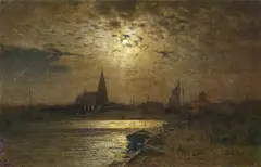 Vollmondnacht über dem Hafen von Barth am Bodden by Louis Douzette, Öl auf Leinwand, sold Nov 2015