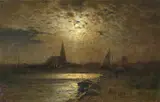 Louis Douzette, Vollmondnacht über dem Hafen von Barth am Bodden, Öl auf Leinwand