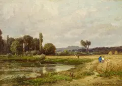 Émile Lambinet, Sommerliche Kornfelder am Seeufer, Öl auf Leinwand