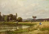 Émile Lambinet, Sommerliche Kornfelder am Seeufer, Öl auf Leinwand