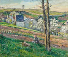 Victor Vignon, Paysage de campagne avec une jeune fille de repos, Öl auf Leinwand