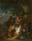 Adriaen de Gryef, Jagdstillleben mit Papagei und Äffchen, Öl auf Leinwand