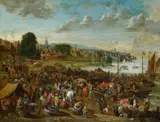 Alexander van Bredael, Vielfigurige Marktszene am Ufer einer Hafenbucht, Öl auf Leinwand