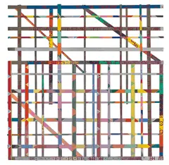 Alan Shields, Detroit, 1973, Double sided screenprint in colors, with interlacing strips of Morilla AP etching paper stitched and glued together in a network of grids, the full sheet