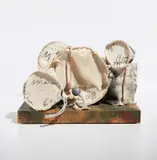 Claes Oldenburg, Miniature Soft Drum Set, 1969, Screenprint on canvas, wash-line, wood and spray painted multiple, with accompanying screenprinted wove paper-covered wood base (as issued)