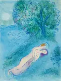 La Leçon de Philétas (Philétas Lesson), from Daphnis et Chloé by Marc Chagall, 1961, Lithograph in colors, on Arches paper, the full sheet, sold Jul 2020