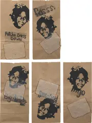 Mark Bradford, Can You Feel It? (Sissafied; Putcho Dress Down; Big daddy; fasss 2; and mijo), 2004, Five unique lithographs with hand applied endpaper, on five brown paper bags