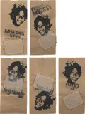 Mark Bradford, Can You Feel It? (Sissafied; Putcho Dress Down; Big daddy; fasss 2; and mijo), 2004, Five unique lithographs with hand applied endpaper, on five brown paper bags