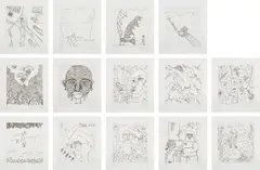 Keith Haring, The Valley, with William S. Burroughs, 1990, Fourteen etchings, on Twinrocker HMP paper, with full margins, with text (etchings) by William S. Burroughs and colophon, the sheets contained in a black cloth-covered folio, all contained in the original red cloth-covered portfolio, lacking plate 15