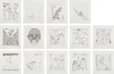 Keith Haring, The Valley, with William S. Burroughs, 1990, Fourteen etchings, on Twinrocker HMP paper, with full margins, with text (etchings) by William S. Burroughs and colophon, the sheets contained in a black cloth-covered folio, all contained in the original red cloth-covered portfolio, lacking plate 15