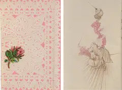 Hans Bellmer, Œillades ciselées en branche (Glances Cut on the Branch), 1939, The complete set of 25 facsimilies of drawings, on perfumed China paper, with poems by Georges Hugnet and his pink and white lace paper cover with a chromo-litho collage of a rosebud, bound (as issued), additionally bound in an elaborate and colorful hand-tooled leather cover, paper and leather guard and matching slipcase by bookbinder Paul Bonet, stamp-signed and dated 1952