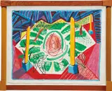 David Hockney, Views of Hotel Well II, from Moving Focus Series, 1985, Lithograph in colors, on John Koller HMP handmade paper, with full margins, contained in the artist's sculptural and stained wood frame (as issued)