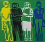 Yellow Black White Blue, from Standing People by Julian Opie, 2019, Lenticular acrylic panel on white acrylic mount (as issued), sold Oct 2020