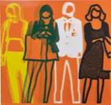 Yellow Green White Black, from Standing People by Julian Opie, 2019, Lenticular acrylic panel on white acrylic mount (as issued), sold Oct 2020