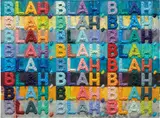 Mel Bochner, Blah, Blah, Blah, 2018, Monoprint with collage, engraving, embossing and oil paint in colors, on handmade and hand-dyed Twinrocker paper, the full sheet