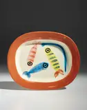 Quatre poissons polychrome (Four polychrome fish) by Pablo Picasso, 1947, White earthenware rectangular dish, painted in colors and glazed; ceramic, Madoura edition, sold Oct 2020
