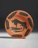 Pablo Picasso, Scène de tauromachie (Tauromachy scene), 1957, Red earthenware turned round plate, painted in black with knife engraving,