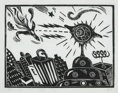 Disasters in the Sky #3 by H. C. Westermann, 1962-63, Linocut in black, on thin Japan paper, with full margins, sold Oct 2020