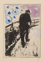 Billy Childish, Man Walking Up A Snowy Slope, 2010, Etching with hand-coloring, on Somerset paper, with full margins, with accompanying linocut with letterpress poem with artist's stamp