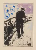 Billy Childish, Man Walking Up A Snowy Slope, 2010, Etching with hand-coloring, on Somerset paper, with full margins, with accompanying linocut with letterpress poem with artist's stamp