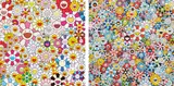 Flowers with Smiley Faces; and Flowers Blooming in The World and the Land of Nirvana by Takashi Murakami, 2013, Two offset lithographs in colors, on smooth wove paper, the full sheets, sold Oct 2020