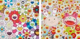 Kaikai Kiki News NO2; and Flowers Blossoming in This World and the Land of Nirvana by Takashi Murakami, 2008 and 2013, Two offset lithographs in colors, on smooth wove paper, the full sheets, sold Oct 2020