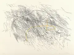Sapphic Strophe 2, from Poetry of Sappho by Julie Mehretu, 2011, Relief print from letterpress plates with hand-coloring, on Italian mould-made Revere paper, the full sheet, sold Oct 2020