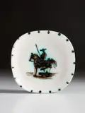 Picador (Bullfighter) by Pablo Picasso, 1952, White earthenware turned plate painted in white and black with partial glaze; ceramic, Madoura edition, sold Dec 2020