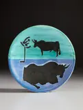 Toros (Bulls) by Pablo Picasso, 1952, White earthenware turned plate painted in white enamel, blue, green and black with oxidized paraffin; ceramic, Madoura e, sold Dec 2020