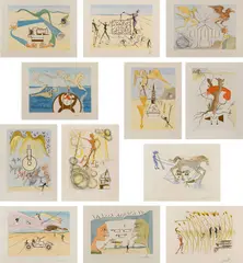 Salvador Dalí, Hommage à Leonardo da Vinci (Great American Inventions), 1975, The complete set of 12 etchings with pochoir in colors, on Arches paper, with full margins, lacking the original portfolio