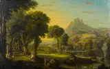 George Barret, A classical landscape with figures in the foreground and a temple in the distance, oil on canvas