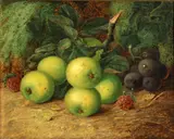 Vincent Clare, Apples, plums and raspberries on a mossy bank, oil on canvas