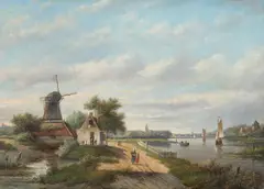 Jan Jacob Coenraad Spohler, Zomerlandschap met figuren en molen, oil on canvas