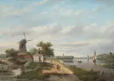 Jan Jacob Coenraad Spohler, Zomerlandschap met figuren en molen, oil on canvas