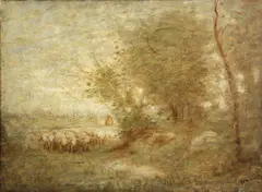 Louis Paul Dessar, A shepherd with his flock, oil on canvas