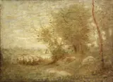 Louis Paul Dessar, A shepherd with his flock, oil on canvas