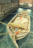 Hans Mangelsdorf, Tokyo harbor barge, 1945, watercolor on paper