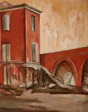 Gene Frances Baker McComas, Three stories and arches; Café à Poste; Arches on the left; View of a building with a fence in the foreground; Two trees with a tower beyond; Awnings under trees; View of a town with red roofs; View of a town with arches in the foreground (eight panels), first, second, third, fifth and sixth signed 'Gene McComas' (lower left); fourth, seventh and eighth signed 'Gene McComas' (lower right)