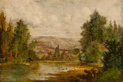 Willard Metcalf, River through a forest with hills beyond, oil on canvas