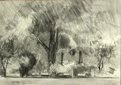 Park Trees by Gregory Kondos, 1965, graphite on paper, offered Apr 2013